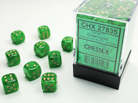 Vortex Green/Gold 12mm d6 Dice Block (36 dice)