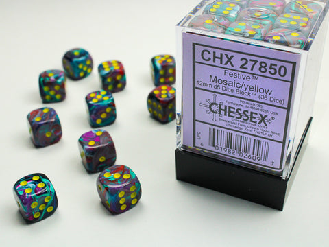 Festive Mosaic/yellow 12mm d6 Dice Block (36 dice)