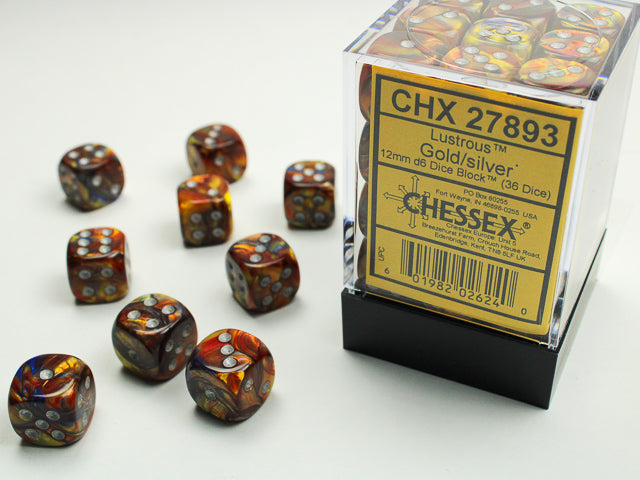 Lustrous Gold/silver 12mm d6 Dice Block (36 dice)