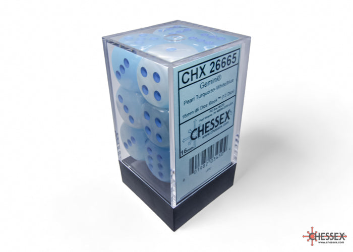 Gemini Pearl Turquoise-White/blue Luminary 16mm d6 Dice Block (12 dice)