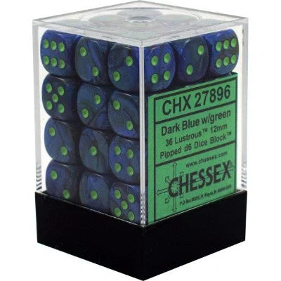 Lustrous® 12mm d6 Dark Blue w/green Dice Block™ (36 dice)