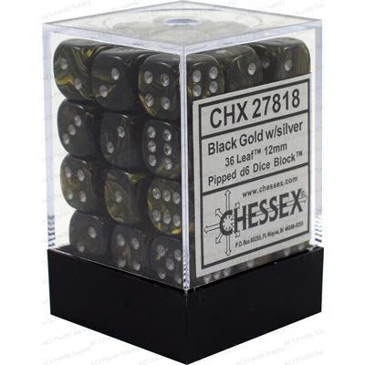 Leaf™ 12mm d6 Black Gold/silver Dice Block™ (36 dice)