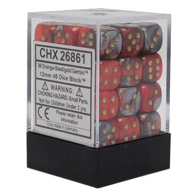 Gemini® 12mm d6 Orange-Steel/gold Dice Block™ (36 dice)