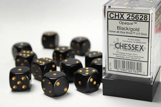 16mm d6 Black/Gold Dice Block (12 dice)