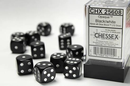 16mm d6 Black/White Dice Block (12 dice)