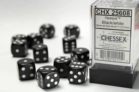 16mm d6 Black/White Dice Block (12 dice)