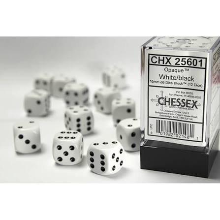16mm d6 White/Black Dice Block (12 dice)